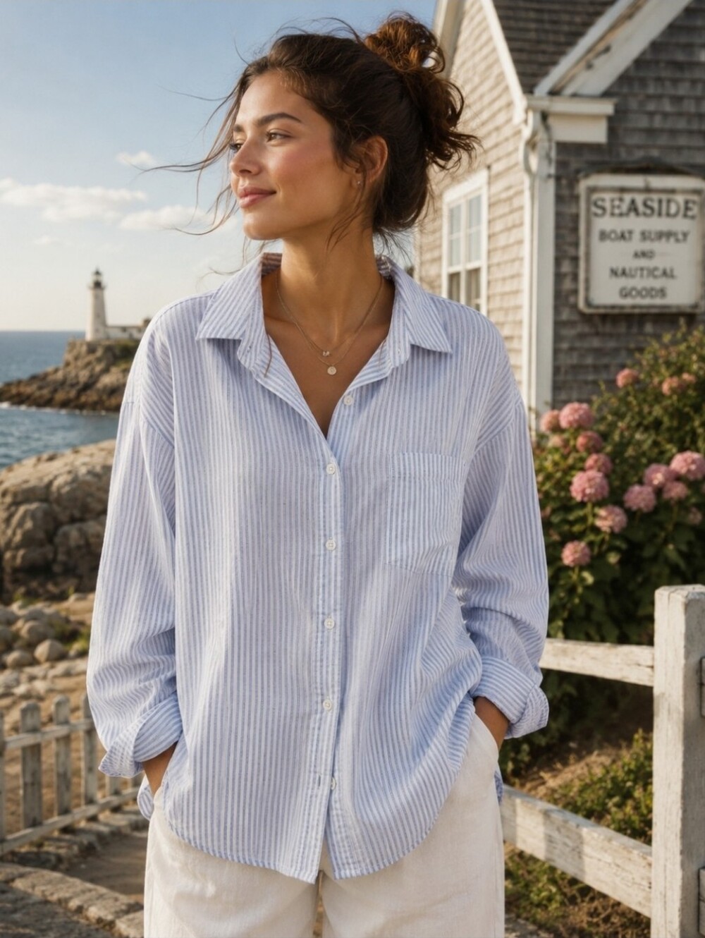 Old Navy Light Blue and White Striped The Boyfriend Coastal Shirt XL